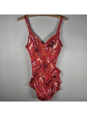Maxine of Hollywood One Piece Swimsuit Size 14 Bow Side Red Floral Padded